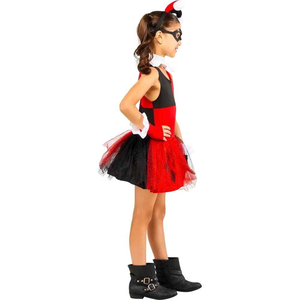 DC Harley Quinn Costume Girls XS 4-5 Tutu Dress Mask Collar Headpiece